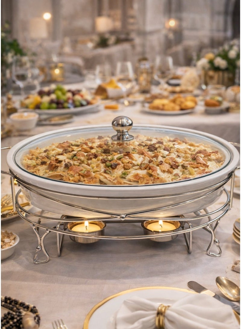 AL-GANNAS 2.2L Oval Ceramic Buffet Food Warmer on Metal Silver Stand | With 2 Tealight Candle Holders, Chafing Dish for Keeping Food Warm - Image 1